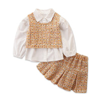 Load image into Gallery viewer, 3 Pieces Set Baby Kid Girls Solid Color Blouses Checked Vests Waistcoats And Skirts Wholesale 220711292
