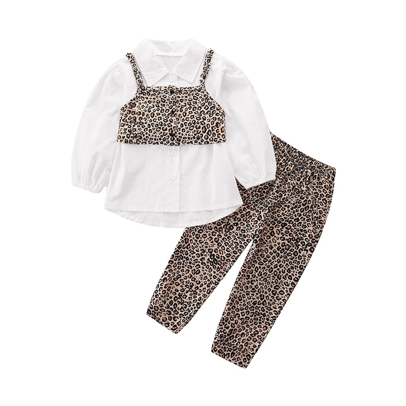 3 Pieces Set Baby Kid Girls Solid Color Blouses Leopard Tank Tops And Pants Wholesale 220711297