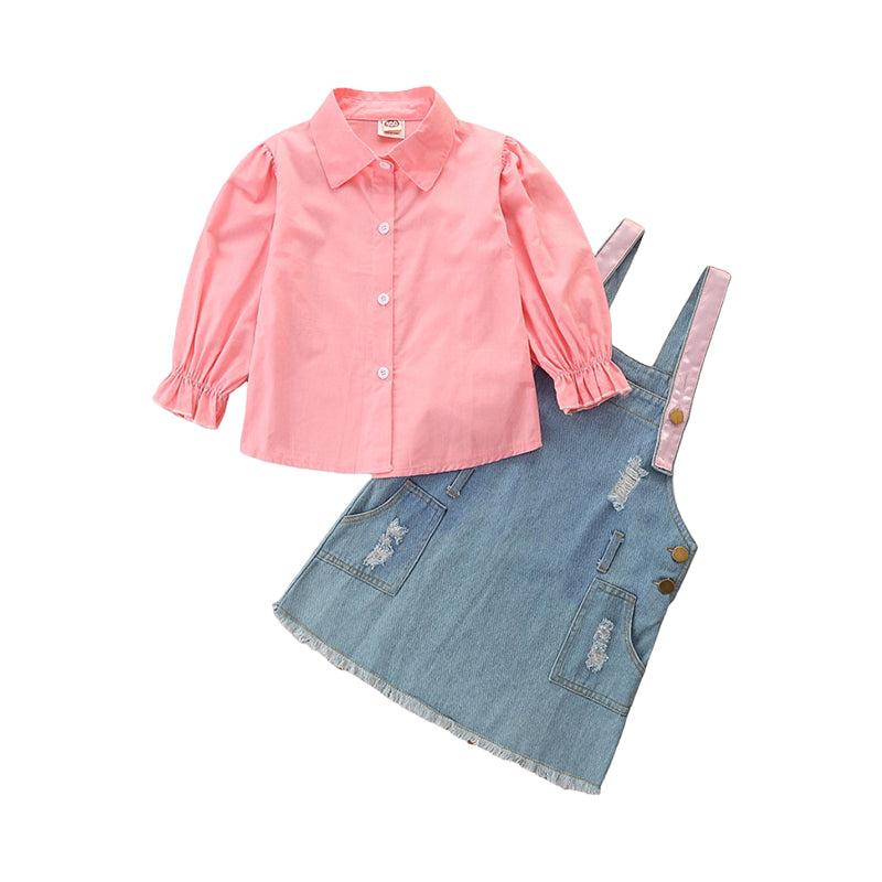 2 Pieces Set Baby Kid Girls Solid Color Shirts And Ripped Dresses Wholesale 220711324