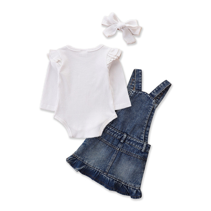 3 Pieces Set Baby Girls Muslin&Ribbed Rompers Solid Color Dresses And Bow Headwear Wholesale 220711328