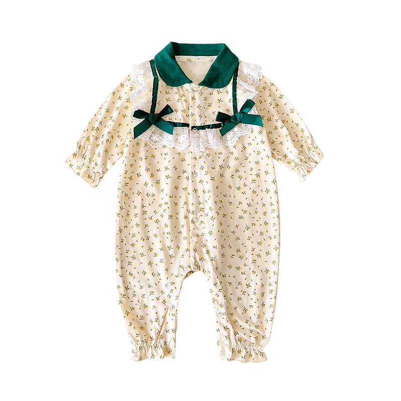 Baby Kid Unisex Flower Bow Lace Print Jumpsuits Wholesale 220711366