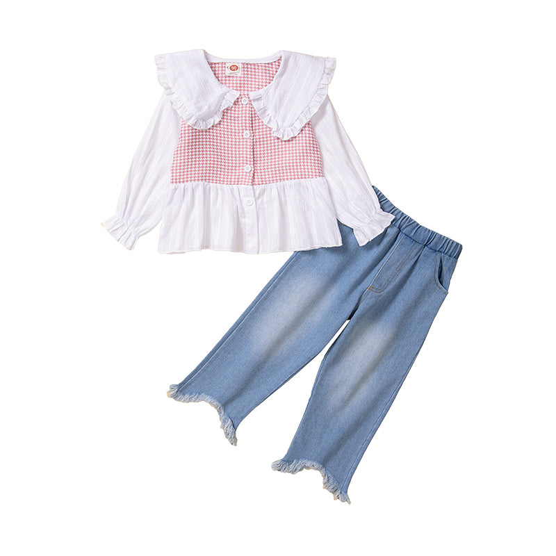 2 Pieces Set Baby Kid Girls Checked Tops And Solid Color Jeans Wholesale 220711487