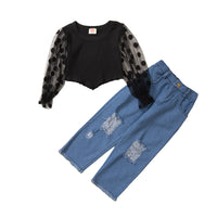 Load image into Gallery viewer, 2 Pieces Set Baby Kid Girls Solid Color Polka dots Muslin&amp;Ribbed Tops And Ripped Jeans Wholesale 220711488
