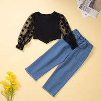 Load image into Gallery viewer, 2 Pieces Set Baby Kid Girls Solid Color Polka dots Muslin&amp;Ribbed Tops And Ripped Jeans Wholesale 220711488
