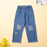 Load image into Gallery viewer, 2 Pieces Set Baby Kid Girls Solid Color Polka dots Muslin&amp;Ribbed Tops And Ripped Jeans Wholesale 220711488
