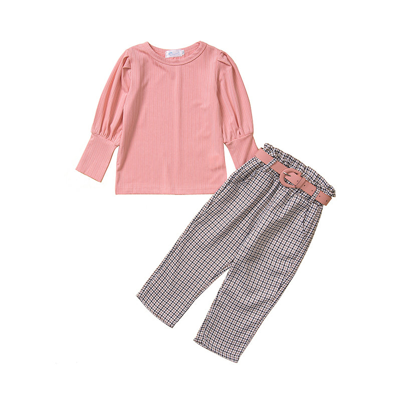 2 Pieces Set Baby Kid Girls Solid Color Muslin&Ribbed Tops And Checked Pants Wholesale 220711489