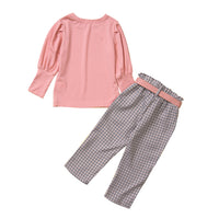 Load image into Gallery viewer, 2 Pieces Set Baby Kid Girls Solid Color Muslin&amp;Ribbed Tops And Checked Pants Wholesale 220711489
