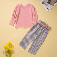 Load image into Gallery viewer, 2 Pieces Set Baby Kid Girls Solid Color Muslin&amp;Ribbed Tops And Checked Pants Wholesale 220711489
