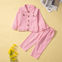 Load image into Gallery viewer, 2 Pieces Set Baby Kid Girls Solid Color Jackets Outwears And Ripped Pants Wholesale 220711504
