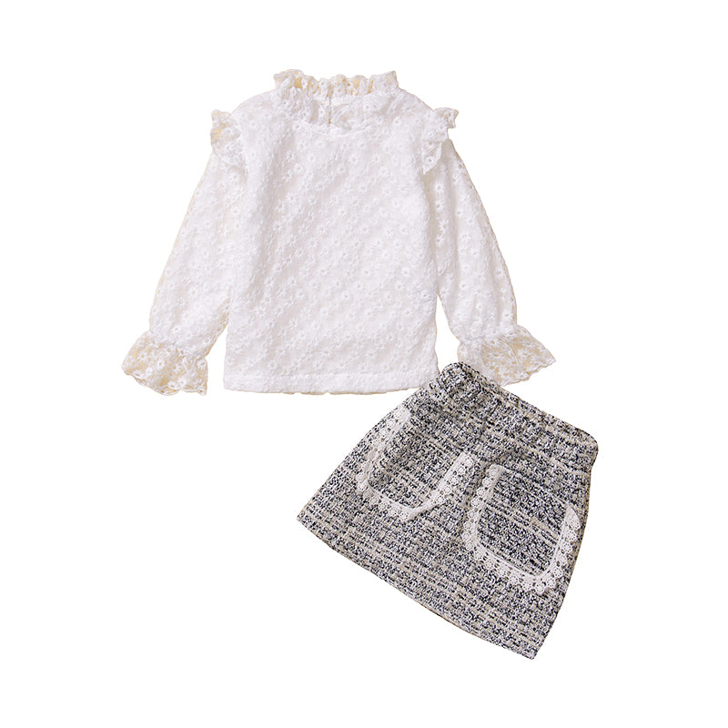 2 Pieces Set Baby Kid Girls Flower Lace Solid Color Tops And Checked Skirts Wholesale 220711505