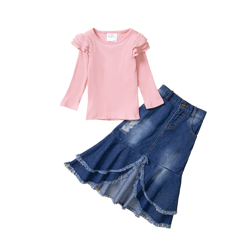 2 Pieces Set Baby Kid Girls Solid Color Muslin&Ribbed Tops And Ripped Skirts Wholesale 220711514