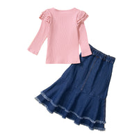 Load image into Gallery viewer, 2 Pieces Set Baby Kid Girls Solid Color Muslin&amp;Ribbed Tops And Ripped Skirts Wholesale 220711514

