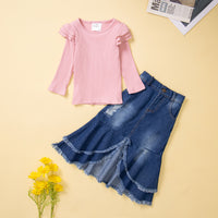 Load image into Gallery viewer, 2 Pieces Set Baby Kid Girls Solid Color Muslin&amp;Ribbed Tops And Ripped Skirts Wholesale 220711514
