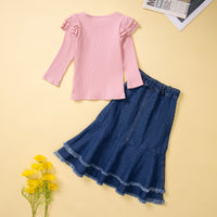 Load image into Gallery viewer, 2 Pieces Set Baby Kid Girls Solid Color Muslin&amp;Ribbed Tops And Ripped Skirts Wholesale 220711514
