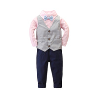 Load image into Gallery viewer, 3 Pieces Set Baby Kid Boys Birthday Party Solid Color Bow Shirts And Striped Vests Waistcoats And Pants Wholesale 22071172
