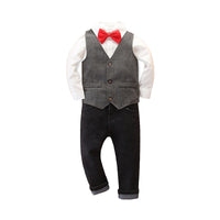 Load image into Gallery viewer, 3 Pieces Set Baby Kid Boys Birthday Party Solid Color Bow Shirts And Striped Vests Waistcoats And Pants Wholesale 22071172
