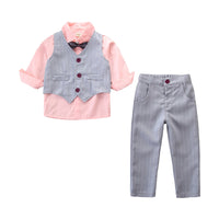 Load image into Gallery viewer, 3 Pieces Set Baby Kid Boys Birthday Party Solid Color Bow Shirts And Striped Vests Waistcoats And Pants Wholesale 22071172

