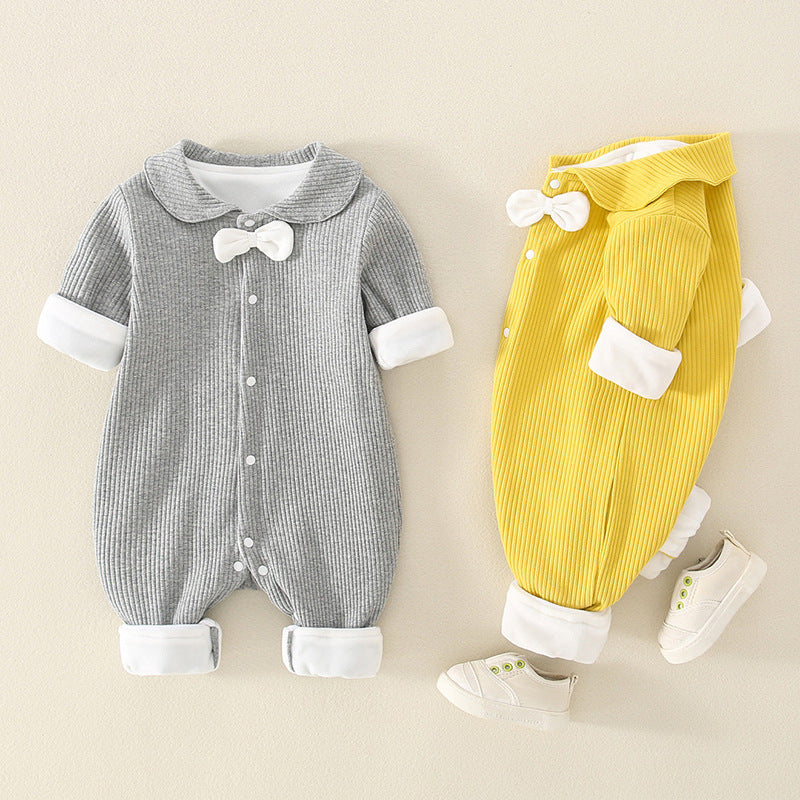 Baby Unisex Color-blocking Bow Muslin&Ribbed Jumpsuits Wholesale 220713173