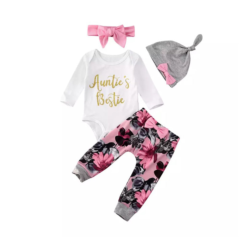 4 Pieces Set Baby Girls Letters Print Rompers Flower Pants Bow Headwear And Hats Wholesale 220713255