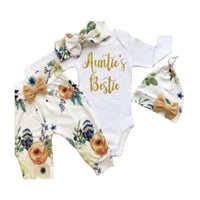 Load image into Gallery viewer, 4 Pieces Set Baby Girls Letters Print Rompers Flower Pants Bow Headwear And Hats Wholesale 220713255
