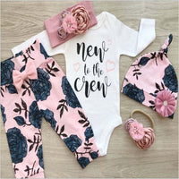 Load image into Gallery viewer, 4 Pieces Set Baby Girls Letters Print Rompers Flower Pants Bow Headwear And Hats Wholesale 220713255
