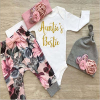 Load image into Gallery viewer, 4 Pieces Set Baby Girls Letters Print Rompers Flower Pants Bow Headwear And Hats Wholesale 220713255
