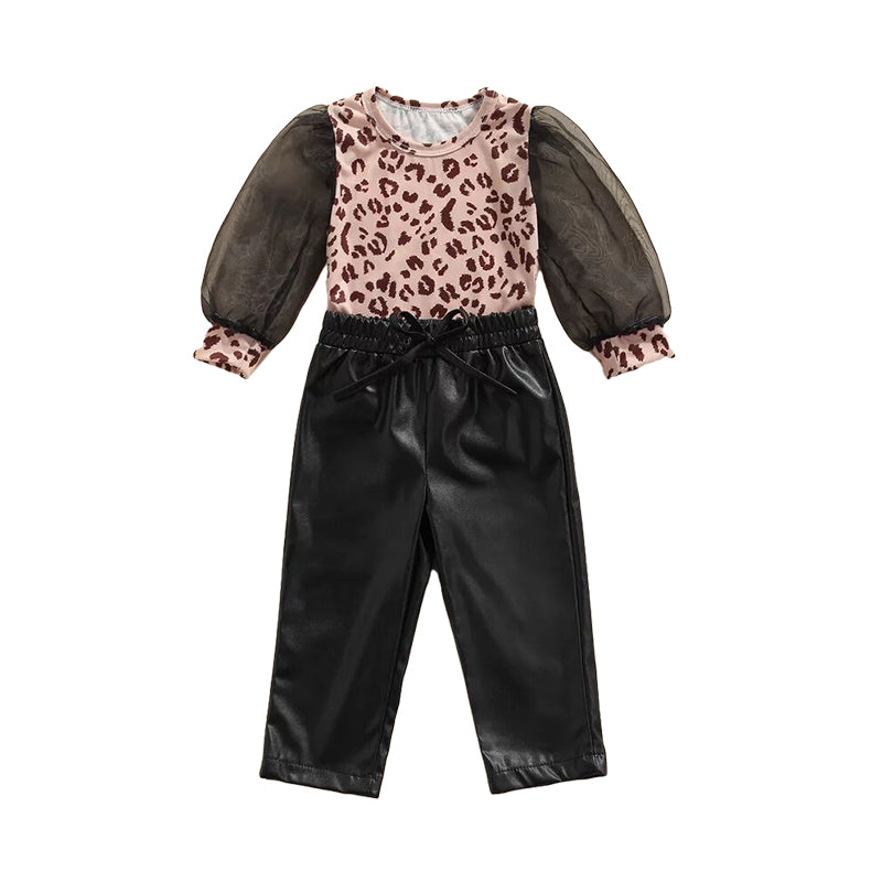 2 Pieces Set Baby Kid Girls Leopard Print Tops And Solid Color Pants Wholesale 220713366