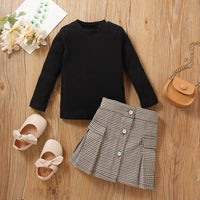 Load image into Gallery viewer, 2 Pieces Set Baby Kid Girls Solid Color Muslin&amp;Ribbed Tops And Checked Skirts Wholesale 220713376
