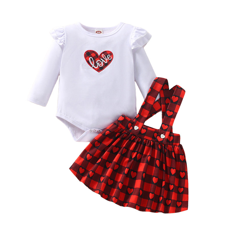 2 Pieces Set Baby Girls Valentine's Day Letters Love heart Embroidered Rompers And Checked Skirts Wholesale 220713409