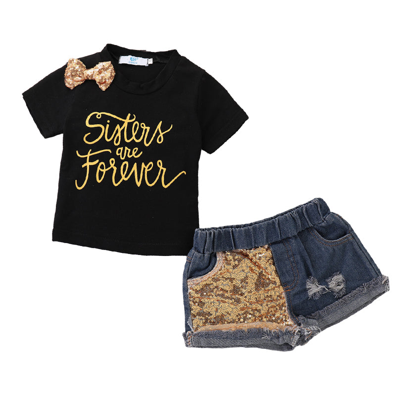 2 Pieces Set Baby Kid Girls Letters Bow T-Shirts And Ripped Shorts Wholesale 22071388