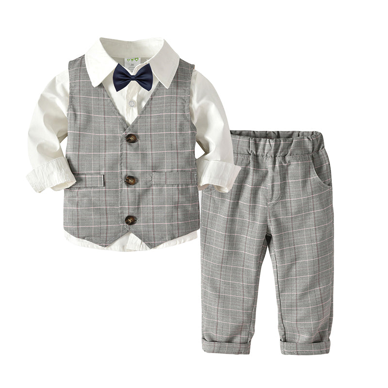 3 Pieces Set Baby Kid Boys Dressy Solid Color Bow Shirts Checked Vests Waistcoats And Pants Wholesale 22071915