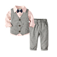 Load image into Gallery viewer, 3 Pieces Set Baby Kid Boys Dressy Solid Color Bow Shirts Checked Vests Waistcoats And Pants Wholesale 22071915
