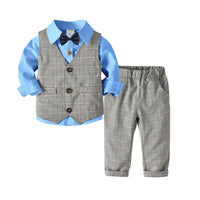 Load image into Gallery viewer, 3 Pieces Set Baby Kid Boys Dressy Solid Color Bow Shirts Checked Vests Waistcoats And Pants Wholesale 22071915

