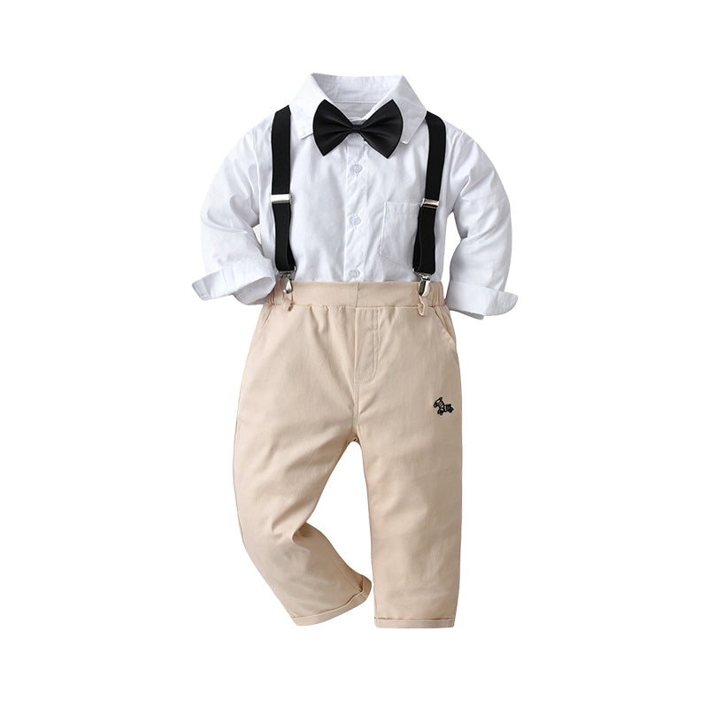 2 Pieces Set Baby Kid Boys Dressy Birthday Solid Color Bow Shirts And Cartoon Embroidered Jumpsuits Wholesale 220719225