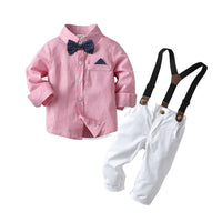 Load image into Gallery viewer, 2 Pieces Set Baby Kid Girls Birthday Party Striped Bow Shirts And Solid Color Jumpsuits Wholesale 22071965
