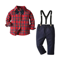 Load image into Gallery viewer, 2 Pieces Set Baby Kid Boys Checked Bow Shirts And Solid Color Jumpsuits Wholesale 22071969
