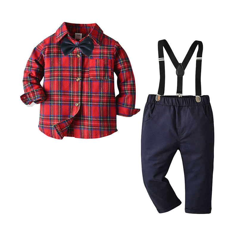 2 Pieces Set Baby Kid Boys Checked Bow Shirts And Solid Color Jumpsuits Wholesale 22071969