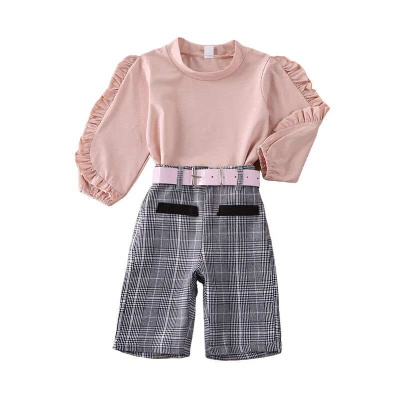 2 Pieces Set Baby Kid Girls Checked Print Pants And Solid Color Tops Wholesale 22072693
