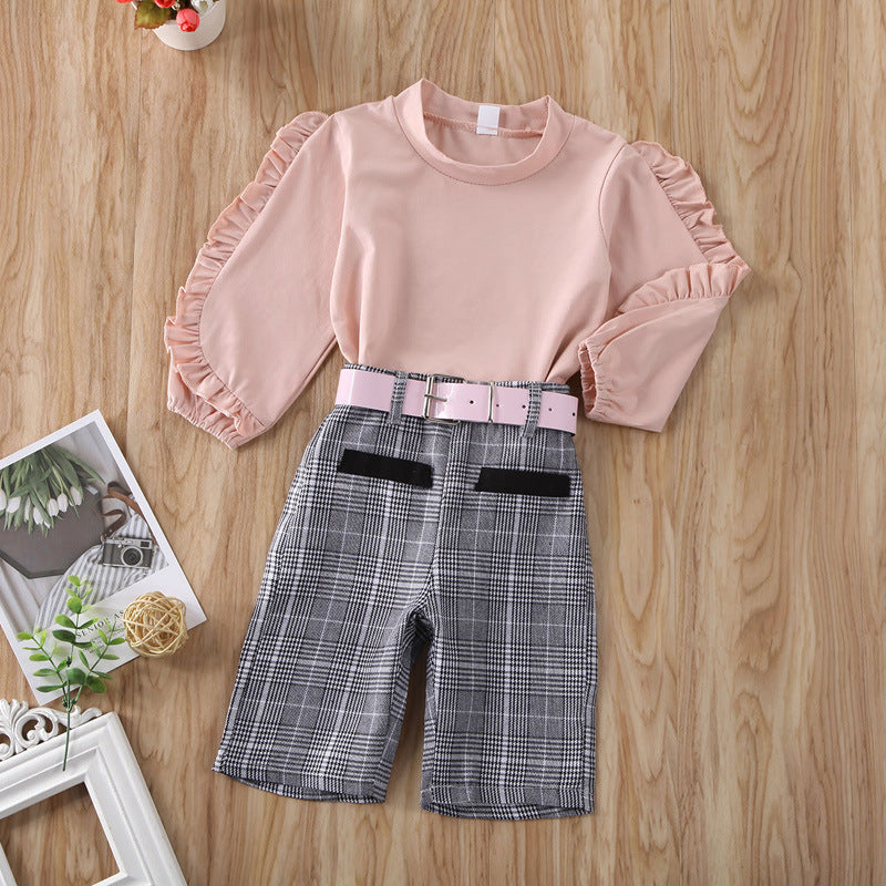 2 Pieces Set Baby Kid Girls Checked Print Pants And Solid Color Tops Wholesale 22072693