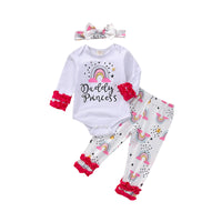 Load image into Gallery viewer, 3 Pieces Set Baby Girls Letters Rainbow Love heart Polka dots Animals Cartoon Star Print Rompers Flower Bow Pants And Headwear Wholesale 22072698
