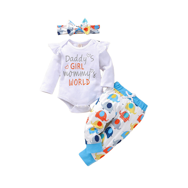 3 Pieces Set Baby Girls Letters Rainbow Love heart Polka dots Animals Cartoon Star Print Rompers Flower Bow Pants And Headwear Wholesale 22072698