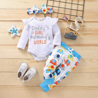 Load image into Gallery viewer, 3 Pieces Set Baby Girls Letters Rainbow Love heart Polka dots Animals Cartoon Star Print Rompers Flower Bow Pants And Headwear Wholesale 22072698
