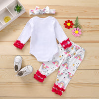 Load image into Gallery viewer, 3 Pieces Set Baby Girls Letters Rainbow Love heart Polka dots Animals Cartoon Star Print Rompers Flower Bow Pants And Headwear Wholesale 22072698
