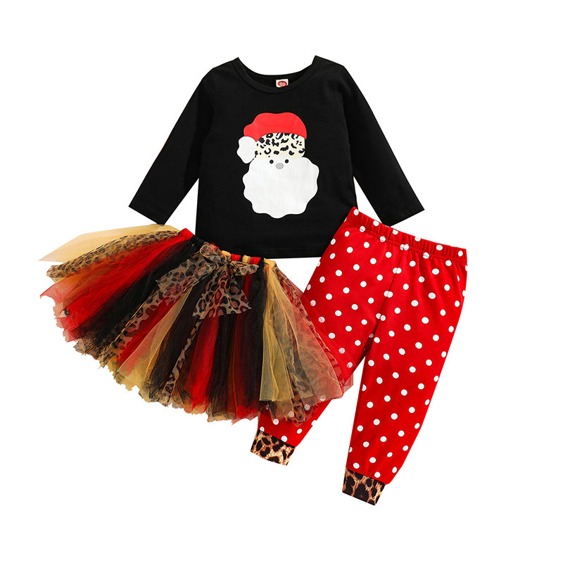 3 Pieces Set Baby Kid Girls Christmas Cartoon Print Tops Polka dots Pants And Leopard Skirts Wholesale 220729325