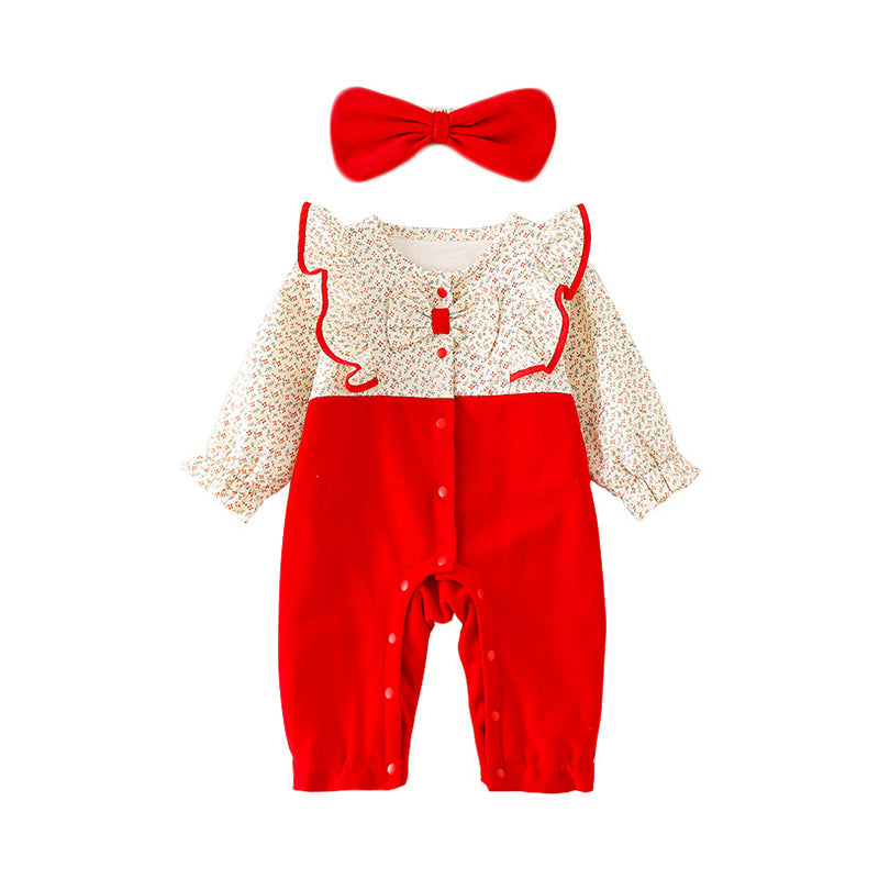 Baby Girls Color-blocking Flower Bow Print Jumpsuits Wholesale 220802580