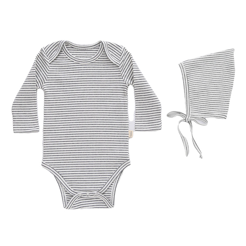 2 Pieces Set Baby Unisex Solid Color Striped Muslin&Ribbed Rompers And Hats Wholesale 220805142