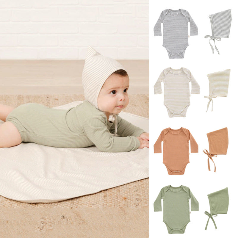 2 Pieces Set Baby Unisex Solid Color Striped Muslin&Ribbed Rompers And Hats Wholesale 220805142