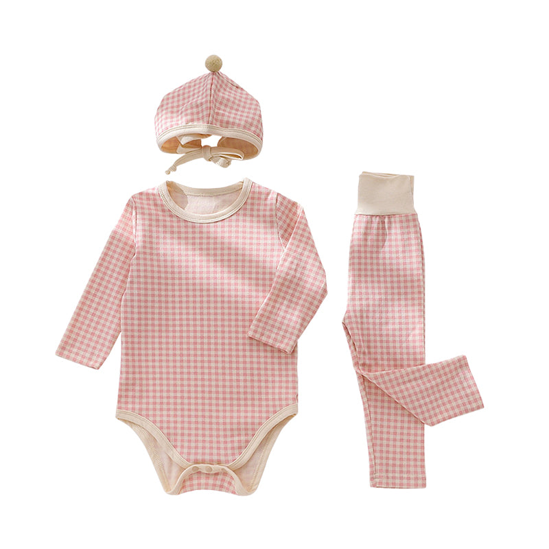 3 Pieces Set Baby Unisex Checked Rompers And Pants And Hats Wholesale 220805482