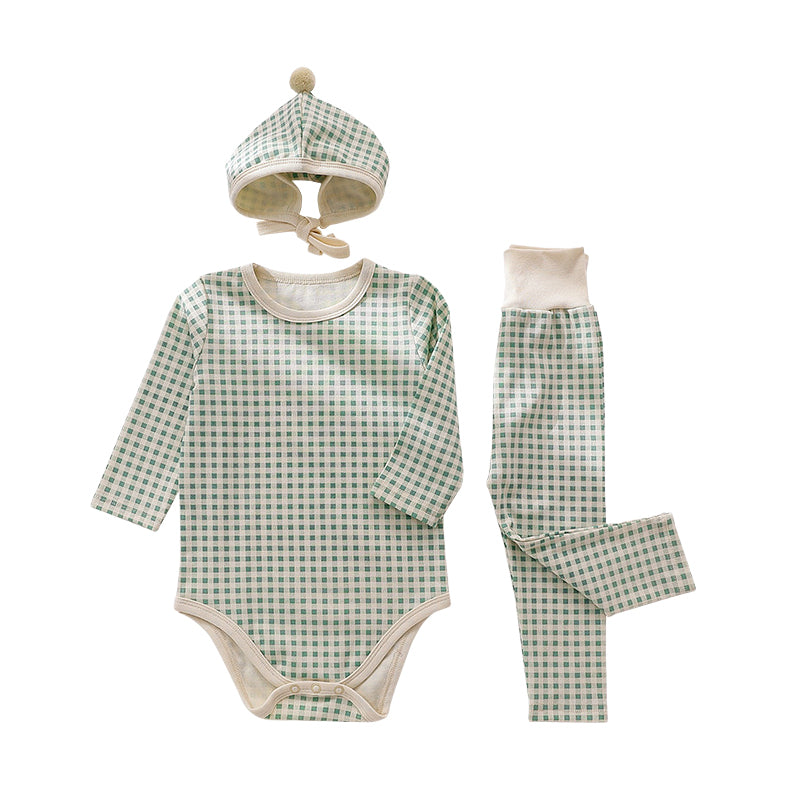 3 Pieces Set Baby Unisex Checked Rompers And Pants And Hats Wholesale 220805482