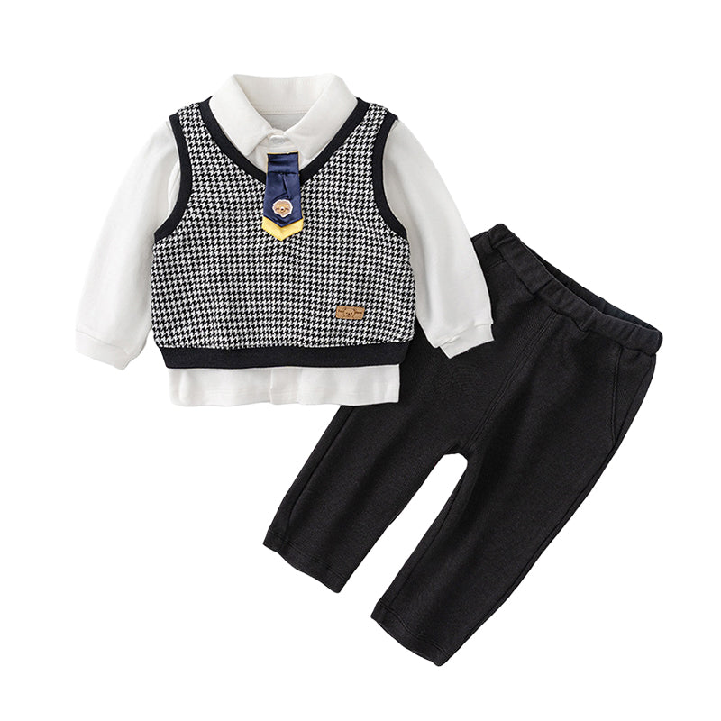 3 Pieces Set Baby Kid Boys Bow Tops Houndstooth Vests Waistcoats And Solid Color Pants Wholesale 220809601